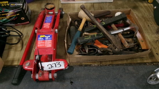 2 TON FLOOR JACK, HAMMER, SISSORS, CHAIN BINDER, MALLETS, ETC.