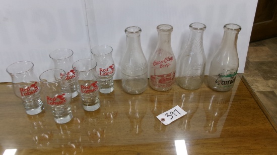 5-RED LOBSTER GLASSES & 4 - 1 QT MILK BOTTLES (Cass Clay Coop, Bottle of milk is a bottle of health,
