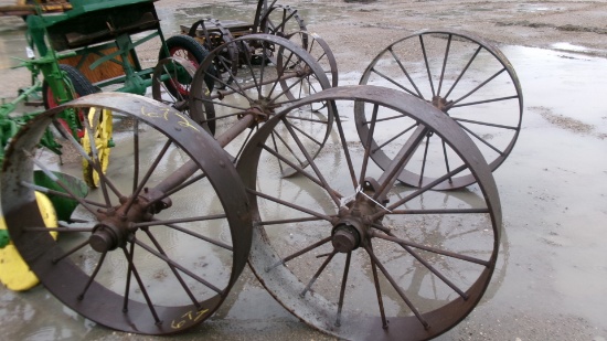 2-38" D. X 64" WIDTH STEEL WHEELS ON AXLE & 1-30" D. X 57" WIDTH STEEL WHEELS ON AXLE