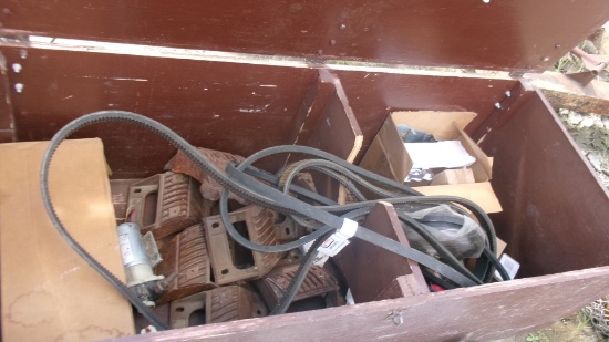 WOOD CHEST w / MISC. BELTS & NEW PARTS, CASE CAB DOOR, & DISTRIBUTOR SPOUT