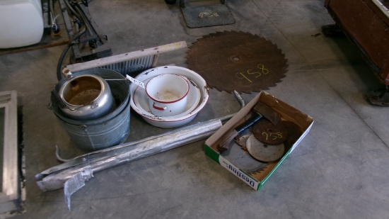 POTATO PLANTER, 24" SAW BLADE, 7 SMALL SAW BLADES, 2 GALVANIZED PAILS, 2 TEA KETTLES, HATCHET,