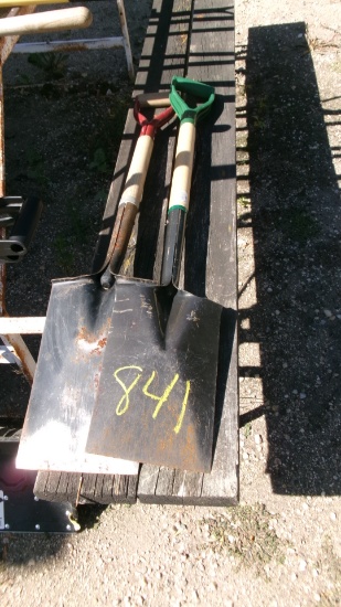 BAR, ICE CHIPPER, SNOW PUSHERS, POTATO FORK, 2 HOES, GARDEN RAKE, & SEVERAL SHOVELS