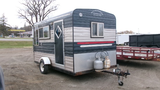 FIVE STAR 7' X 12' SINGLE AXLE  6 HOLE FISH HOUSE, insulated, winch lift, +