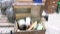 POP CORN MAKER, PANS, & UTENSILS IN OLD WOOD TRUNK