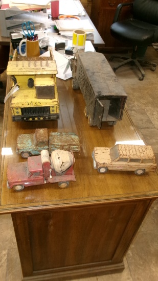DUMP TRUCK, JEEP, CEMENT TRUCK, PICKUP ( all Tonka )  & SEMI w / STOCK TRAILER  TOYS