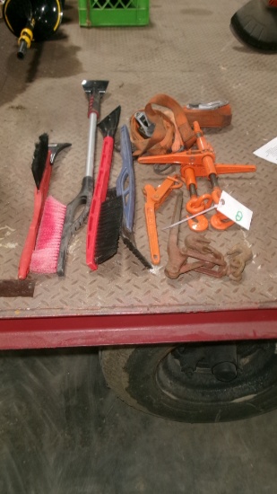 4-CHAIN BINDERS, 2 RACHET STRAPS, & ICE SCRAPERS