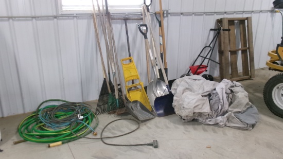 GARDEN HOSE, EXTENSION CORDS, 2-ICE SCRAPERS, LIKE NEW SPADE, ALUMINUM SCOOP, HOES, RAKES, POST +