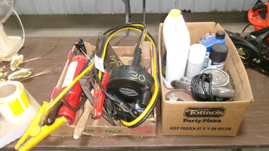 JUMPER CABLES, TIN SNIPS, SIDE CUTTER, SYTHE, FIRE EXT., WIRE BRUSH,, SAW PUTTY KNIFE +