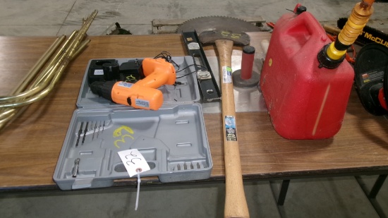 2 BLADED AXE, LEVEL, MORTAR BOARD, TROWEL, 2 1/2 GAL. JUG, & CHICAGO ELEC. 16 .8 VOLT CORDLESS DRILL