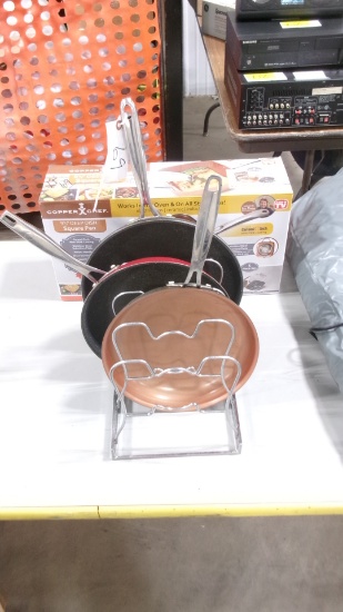 3 FRYING PANS w / HOLDER  & NEW COPPER CHEF 9 1/2" SQUARE PAN