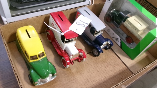 DEERE, DYERVILLE, CHEV. & J.D. TRUCK COIN BANKS, unused