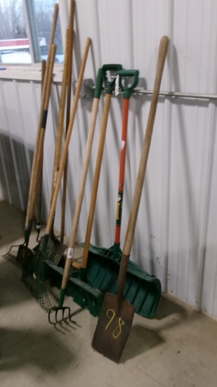 RAKES, SNOW SCOOPS, ICE SCRAPER, HOES, BROOM,, FORKHOE, & METAL TRASH CAN
