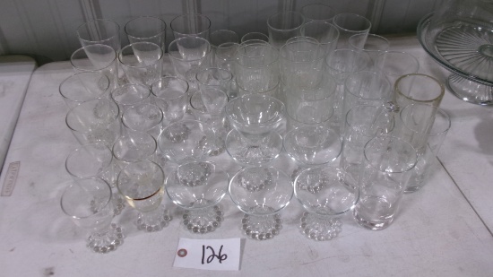 8-WATER GLASSES, 7 SHORT GLASSES, & 9 JUICERS + misc glasses & dishes