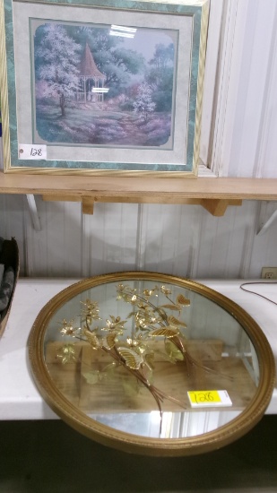 27" X 42" GAZEBO GARDEN PICTURE, OVAL GOLD FRAME MIRROR 29" X 37", &2 GOLD METAL BUTTERFLY  +