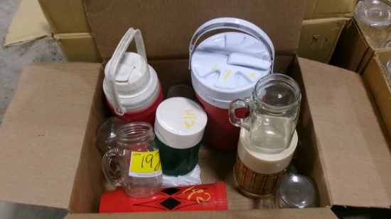 5- ASST. THERMOSES & 7- PINT GLASS MUGS