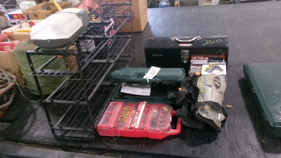 BLACK SHELF, TOOL BOX,HITACHI AIR STAPLER, SAW HORSE BRACKETS, ROTARY TOOL ACCESSORIE SET