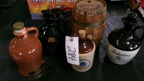 4-WHISKEY DECANTERS & WOOD BARREL