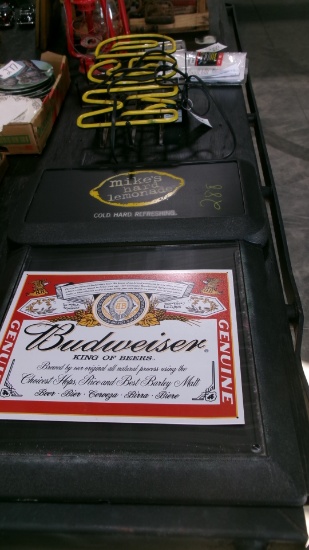 MIKES HARD LEMONADE SIGN, MGD LIGHTED SIGN & METAL BUDWEISER SIGN