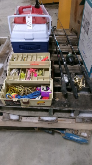FUEL JUGS, 3 SPINNING RODS, TACKLE BOX, & COOLER
