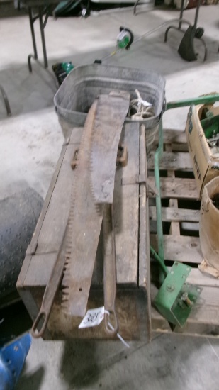 2-GALVANIZED TUBS, ROPE, BLOCK & TACKLES,  2 ONE MAN SAWS, DEHORNER, & OLD WOOD CHEST +