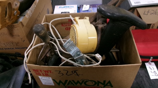 MISC. ITEMS: 2 BUGGY STEPS, 2 FORGE TOOLS, SCREWS, MIRRORS, SAW, CALF BOTTLES, MANUAL GRASS +