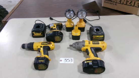 DEWALT TOOL SETS:  18 VOLT-2 1/2" IMPACTS, DRILL 2- FLASHLIGHTS, CHARGER & BATTERIES-A-OK