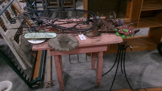 GARDEN TABLE 32" X 34" , WOODEN CHAIR, and LAWN GARDEN ORNAMENTS