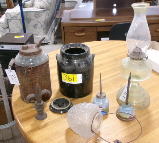 KEROSENE LAMP, CROCK w / lid, glass oil   container & misc