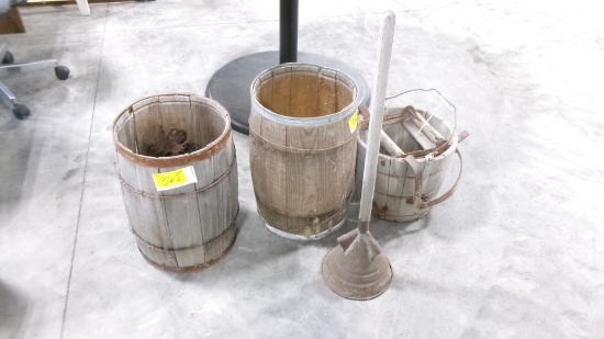WOODEN MOP PAIL, 2 NAIL KEGS, & LAUNDRY TOOL