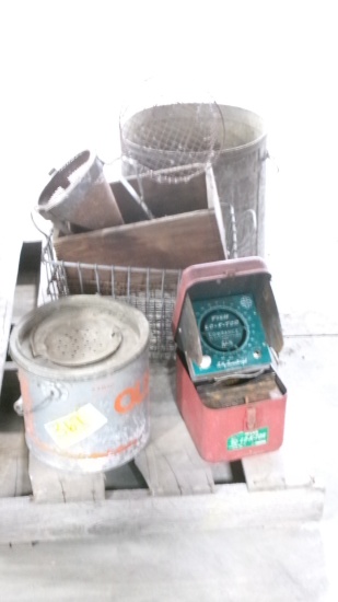 OLD FISH LO-K TOR DEPT FINDER, MINNOW BUCKET, 2-STEEL PAILS , WIRE BASKETS, & FRUIT SIEVE