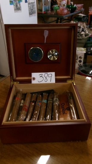 WOODEN HUMIDOR  w / 19 misc. cigars