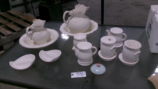 2 BISQUE WATER PITCHERS $ BASINS (9" X 14" & 7" X 13" ), 2 BISQUE 5" ASH TRAYS & 5" TART WARMERS-all