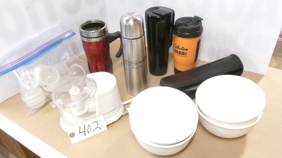 4-NEW SOUP BOWLS, UNUSED SMALL THERMOS w / pouch,  PROTOR SILEX DICER, &3 COFFEE HOLDERS