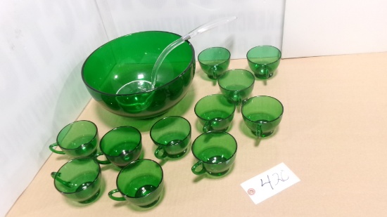 PUNCH BOWL, 11 CUPS, & LADLE