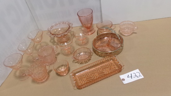 PINK DEPRESSION WINE GLASSES, RELISH TRAY, CUPS, CREAMER & OTHER PINK DEPRESSION