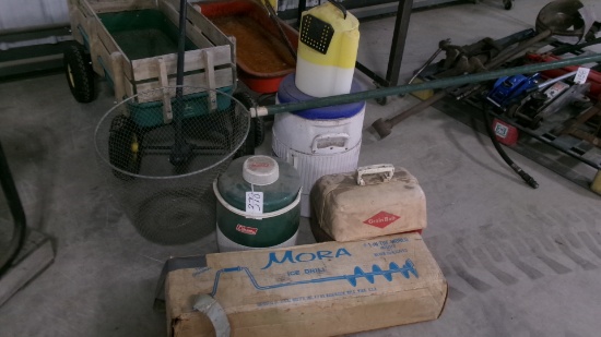 FISHING NET,  GRAIN BELT COOLER, MORA MANUAL ICE AUGER, MINNOW BUCKET, COLEMAN