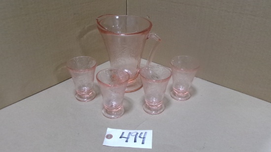 7" H. FLORENTINE POPPY WATER PITCHER w / 4 JUICE GLASSES  PINK DEPRESSION