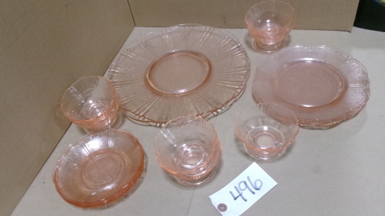 AMERICAN SWEETHEART PINK DEPRESSION: 2-11 1/2" PLATES, 4-8" SALAD, 7-SHERBERT DISHES, +