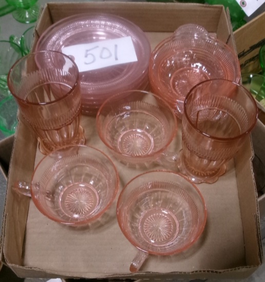 PINK DEPRESSION: 5-6" SAUCERS, 2 WATER GLASSES, 3 CUPS, & 5-SHERBERTS