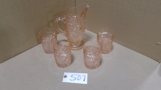 PINK DEPPRESSION PITCHER w / 4 GLASSES