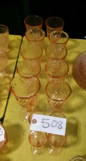 MISC. PINK DEPRESSION: 9 GLASSES, LARGE GLASS, & 4  STEMMED SHOT GLASSES