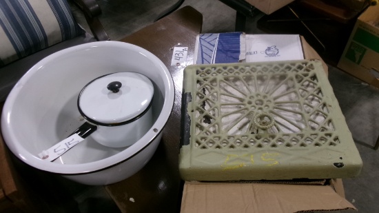 14" X 16" WALL FURNACE GRATE, 8" POT w / LID & 16" D. X 7 1/2" BOWL (enamel )