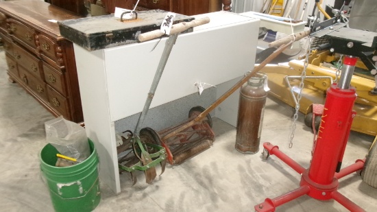 AUCTION ITEMS NOT PICKED UP:1/2- 5 GALLON PAIL OF BRASS FITTINGS, FIRE EXTINGUISHER, TILLER, PUSH