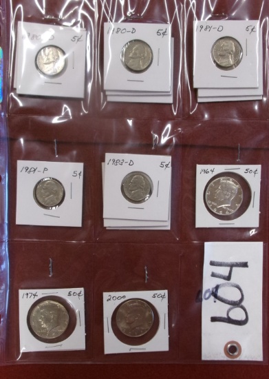 1964, 1974, & 2000 KENNEDY HALF DOLLARS;  5-1980D, 3-1981D, 1981 P, & 1983 JEFFERSON NICKELS