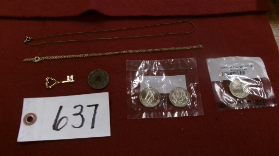 2 GOLD CHAINS ROUND THING & KEY  w / diamond +