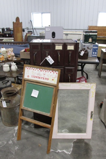 VINTAGE 12 DRAWER  VOUCHER  CABINET & MIRROR 29" X 20" CHILDS CHALK BOARD