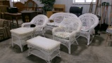 WICKER ROCKER, 2- CHAIRS, LOVE SEAT, COFFEE TABLE, &  END TABLE