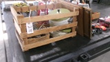 WOOD CRATE w /  VINTAGE PAN SET, 5 HAY HOOKS, INSULATORS, HARDWARE, & PICTURES