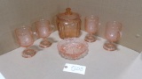 4-PINK DEPRESSION STEMMED WATER GLASSES, 5 1/2