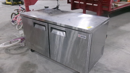 30"X 60" STAINLESS STEEL ROLLING TABLE, 110 volt outlet & 2 door storage area w / racks
